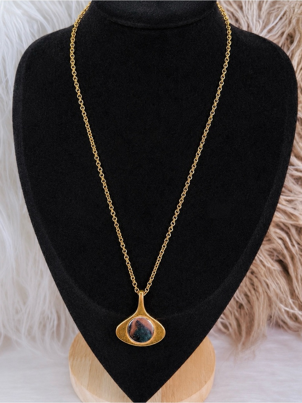 Vintage Avon Gold Tone Modernist Pendant Necklace Silver Accent 1970s
